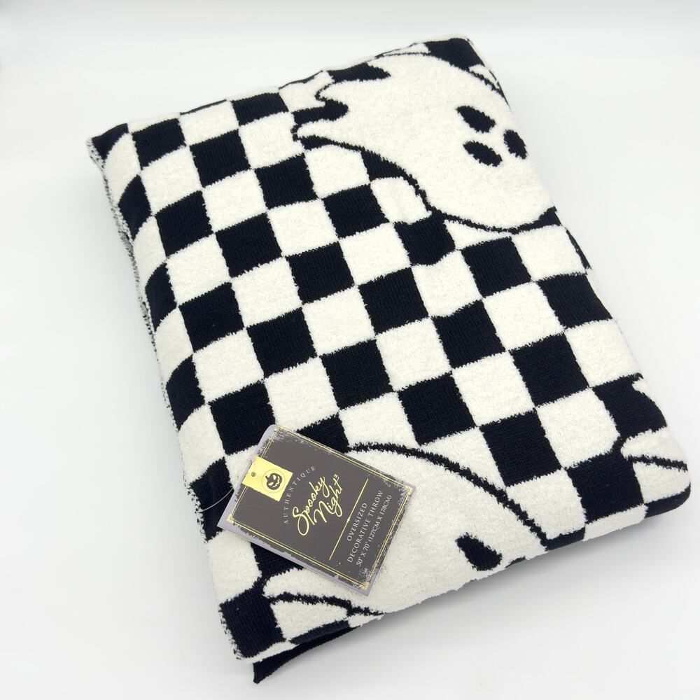 Spooky Night Checkerboard Ghost Throw Blanket Halloween Black Off White NEW